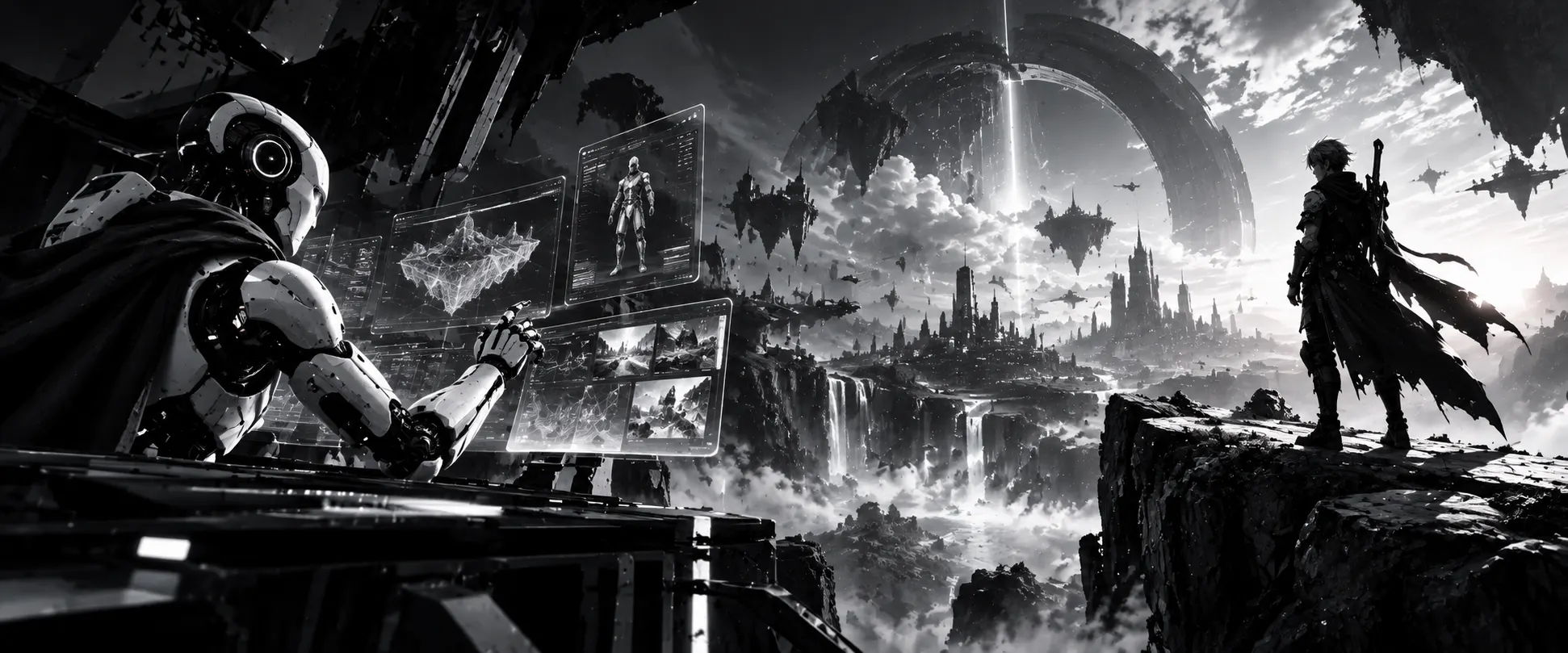 An AI robot shapes a 3D game world on holographic screens while a game character looks out over the floating city it is building.
